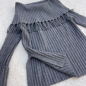Grey off the shoulder wool cashmere blend sweater with tassel details Medium